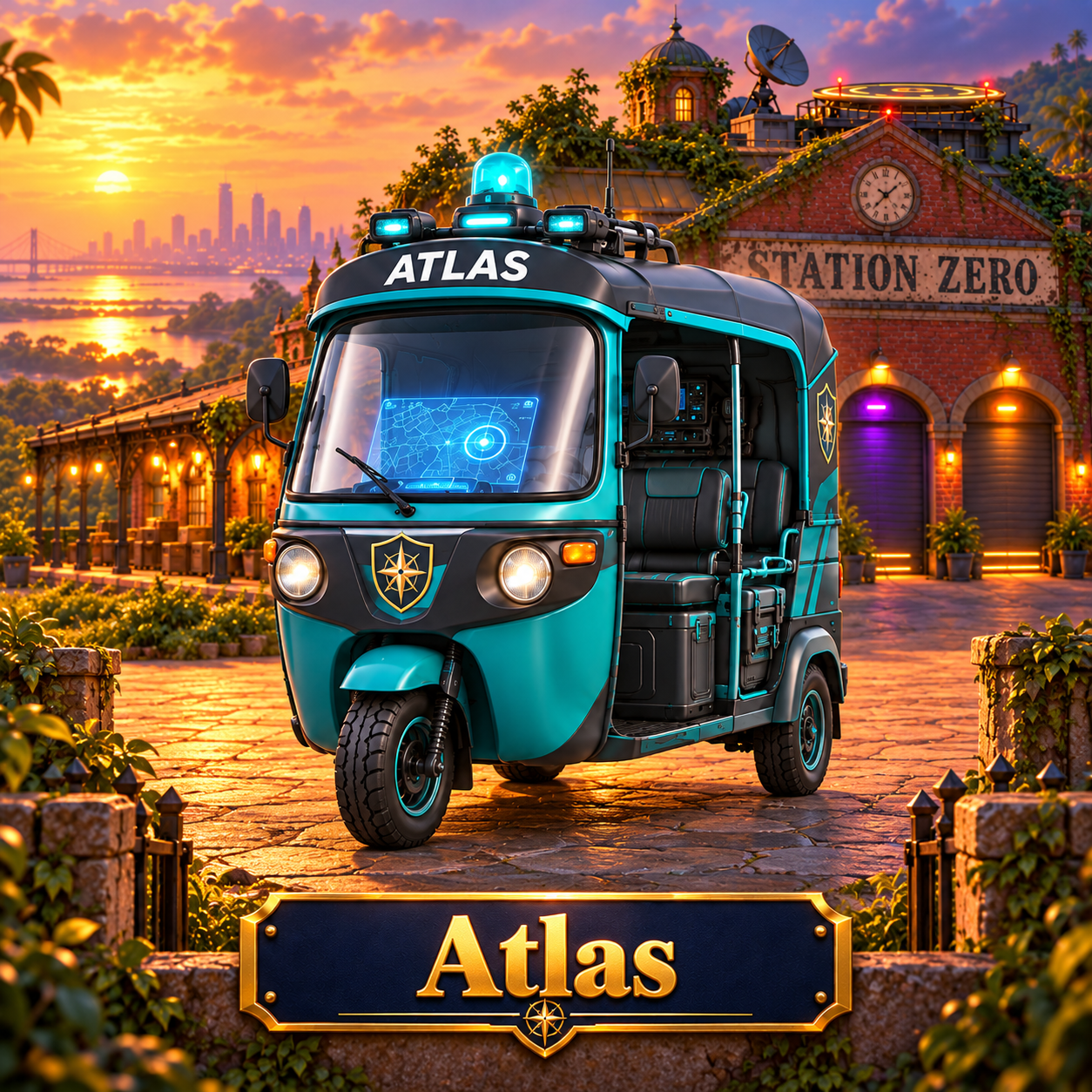ATLAS, the Station Zero tuk tuk in the teal bay